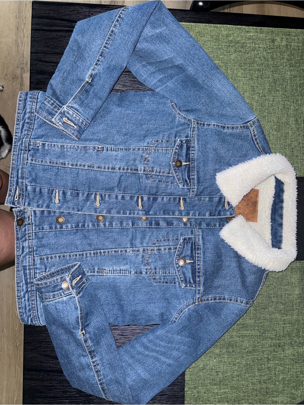 Women's Blue Sherpa-Lined Denim Jacket with Faux Shearling Collar